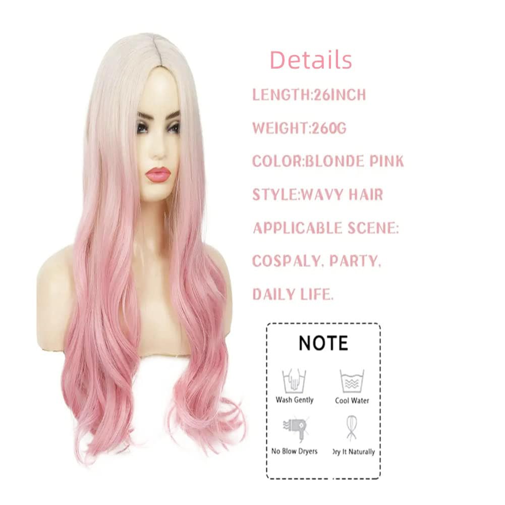 Dai Cloud Blonde to Pink Long Wavy Ombre Wig for Women Curly Heat Resistant Synthetic Halloween Cosplay Hair Wigs