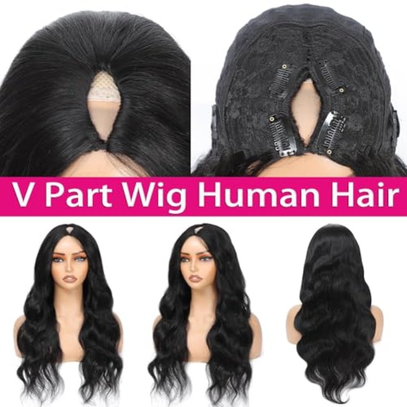 V Part Wig Human Hair Body Wave Upgrade U Part Human Hair Wig With Clips Glueless Wigs Human Hair Beginner Friendly 28 Inch V Shape Clip In Half Wigs for Women No Leave Out 180% Density