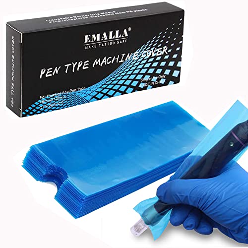 200pcs Clear Tattoo Machine Pen Covers Tattoo Pen Sleeves Plastic Dustproof Protection Blue Bags for Tattoo Professionals