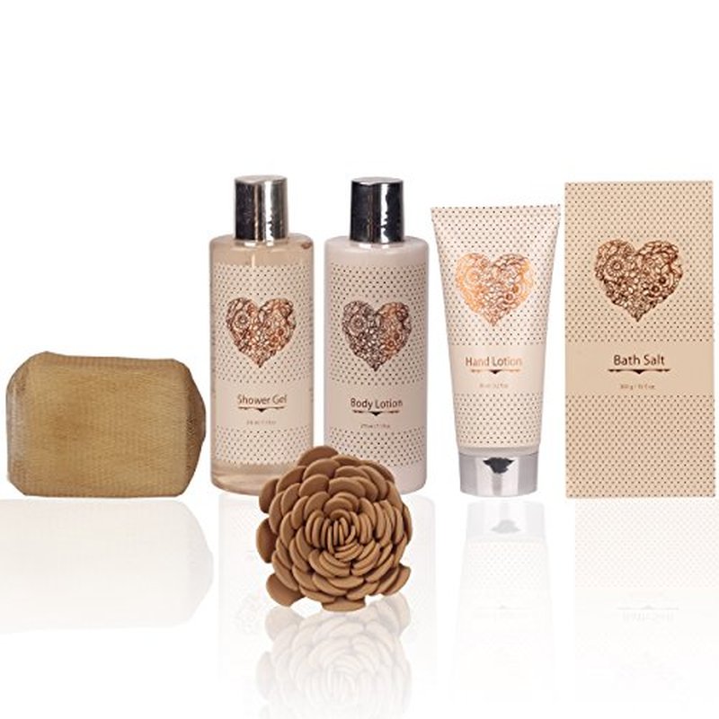 Spa Gift Basket ? Bath and Body Set with Vanilla Fragrance by Lovestee - Gift Basket Includes Shower Gel, Body Lotion, Hand Lotion, Bath Salt, Eva Sponge and a Bath Puff