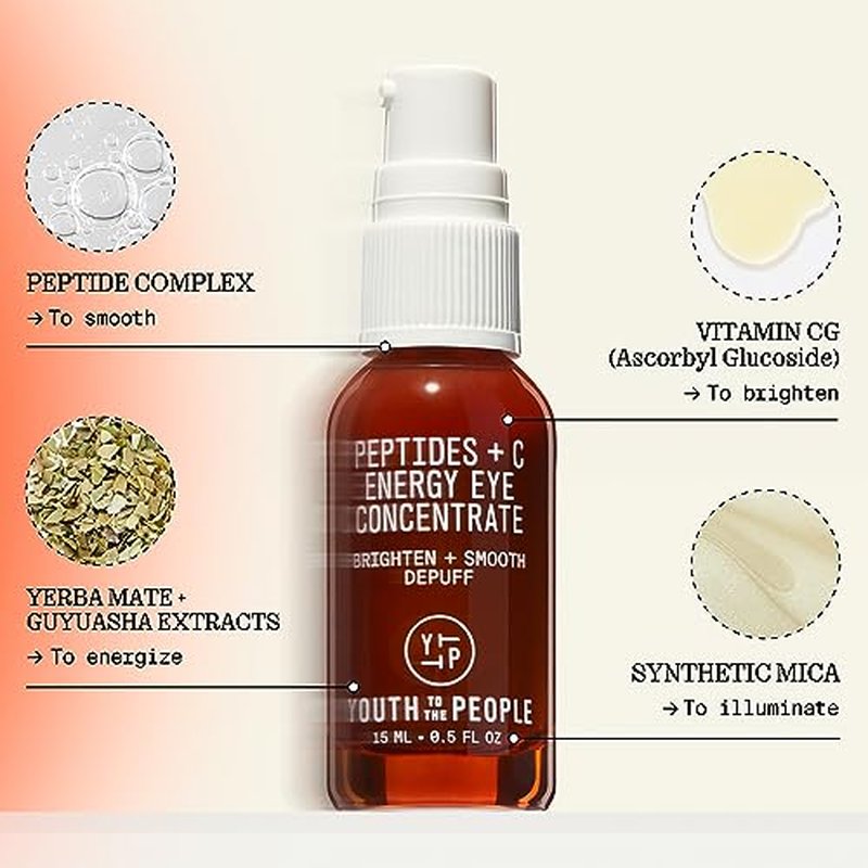 Youth To The People Peptides + Vitamin C Eye Concentrate - Vitamin C Eye Serum with Caffeine + Antioxidants, Visibly Brightens Dark Circles, Reduce Undereye Puffiness, Blurs Fine Lines - 0.5 fl oz