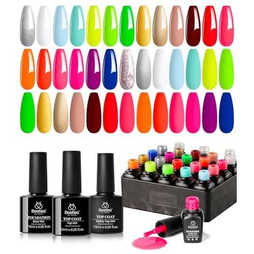 beetles Gel Polish Set, Halloween Neon Kit 20 Colors Gel Nail Polish with 3Pcs Base Gel Top Coat Hot Pink Orange Blue Magenta Lemon Green Colors Soak Off UV Manicure Rainbow Nail