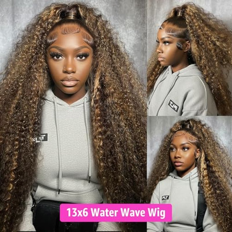 Water Wave Lace Front Wigs Human Hair 13x6 Ombre Honey Blonde Frontal Wig 200 Density P4/27 Highlight Curly Wig Glueless Wet and Wavy Lace Front Wigs Pre Plucked with Baby Hair (24 Inch)