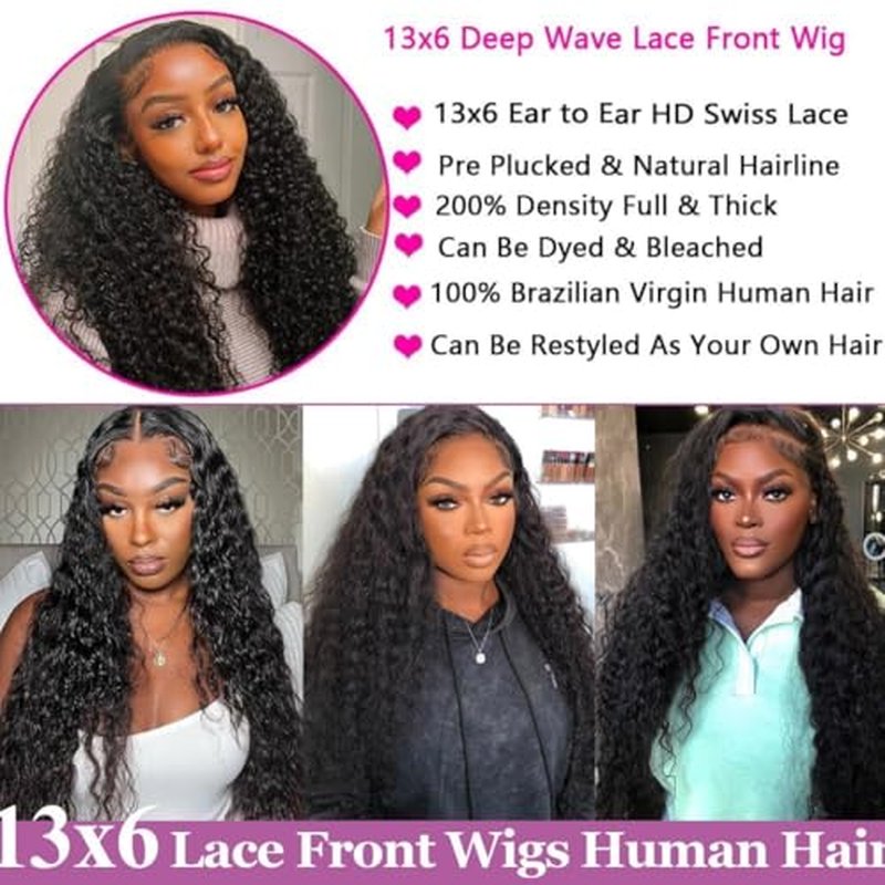 13x6 Deep Wave Lace Front Wigs Human Hair 220 Density HD Transparent Pre Plucked Deep Curly Frontal Wigs Human Hair for Women Natural Black 34 Inch