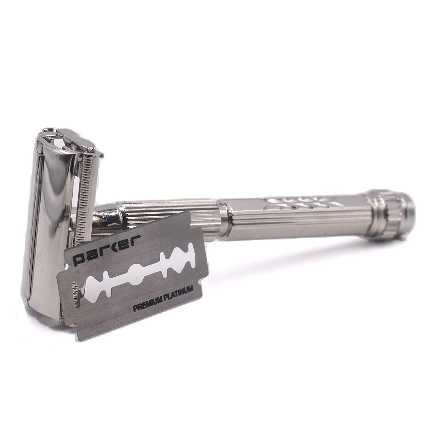 Parker 60R Long Handle Butterfly-Open DE Safety Razor for Men – Solid Brass, Nickel-Plated Wet Shaving Razor – Includes 5 Platinum Blades–Close, Comfortable Shave, Reduces Razor Burn & Ingrown Hairs