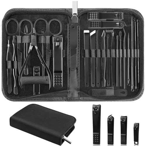 Nail Clippers Set, 26 Piece Manicure Set & Pedicure Kit, Stainless Steel Fingernail & Toenail Clipper Cutters, Professional Nail Care Tools with Luxurious Travel Case for Men and Women, Black
