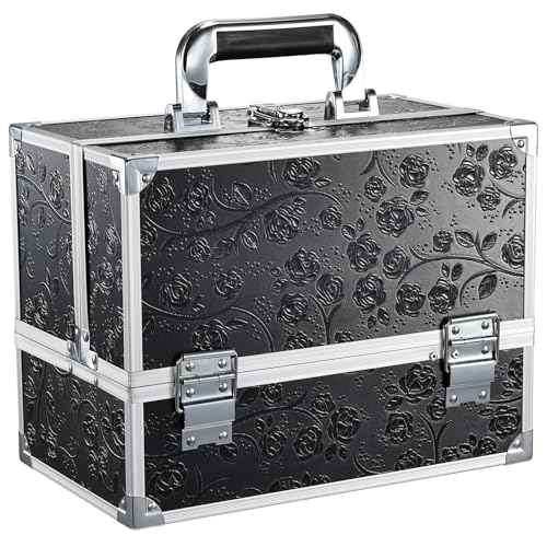 FRENESSA Makeup Train Case Makeup Box 11.8 Inch Large Makeup Case Organizer 3 Trays with Mirror Locking Cosmetic Storage Box for Cosmetics Nail Supplies Sewing Travel Case Black Floral