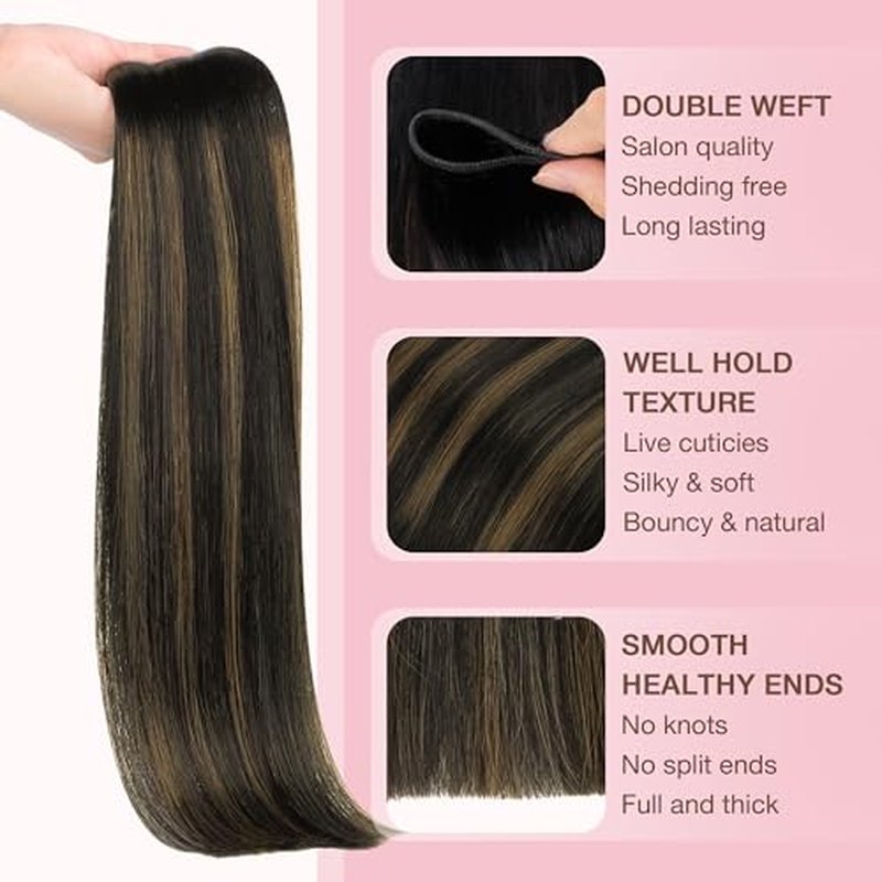 GOO GOO Sew in Hair Extensions Real Human Hair, Weft Hair Extensions Human Hair, 1B/6/1B Balayage Natural Black to Chestnut Brown 18inch 100g, Weft Bundles Straight Silky Remy Hair