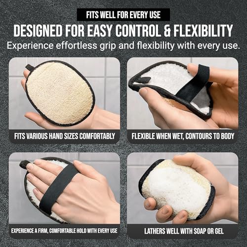 Loofah Body Scrubber for Men ? Body Wash & Scrubbing Luffa, Rugged Yet Gentle Lufas for Smoother & Healthier Skin, Terry Cloth Pad for Manly Skin Care, Black & White Masculine Design Loufas Sponge