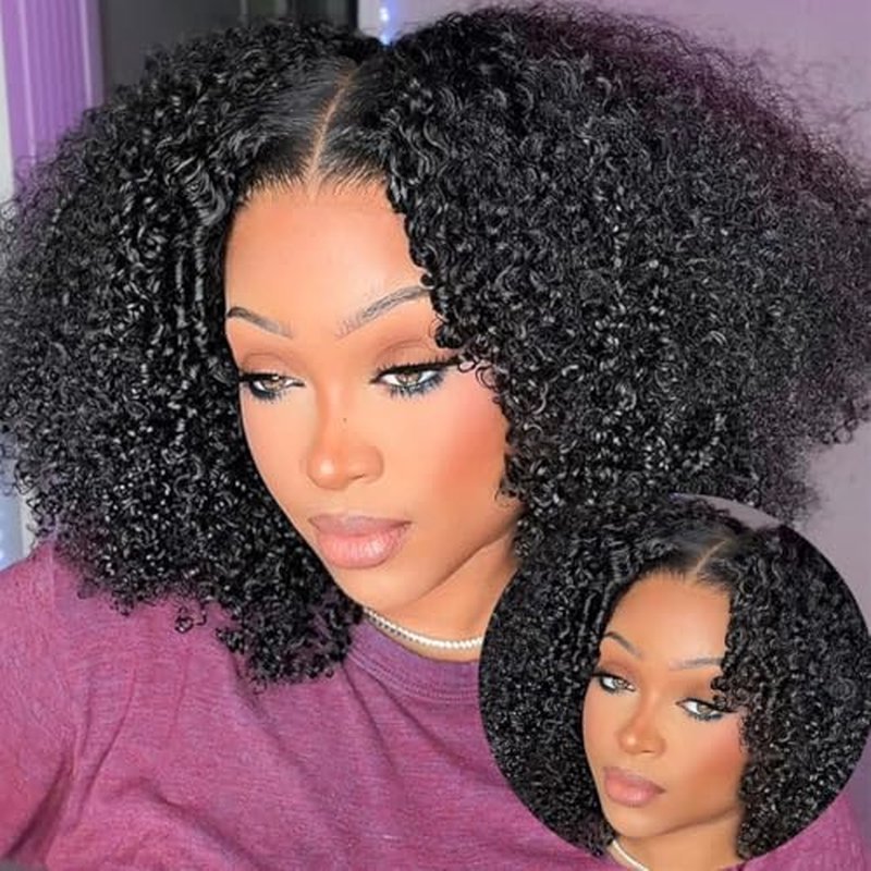 Afro Kinky Curly V Part Wig Human Hair Brazilian Virgin Glueless Wig Human Hair for Black Women Upgrade U Part Wigs Kinky Curly Wigs No Leave Out 200% Density Natural Color 18 Inch