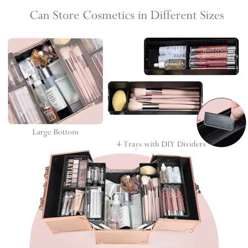 FRENESSA Makeup Train Case Makeup Case Travel Cosmetic Box Organizer Portable Make Up Box with Dividers Lockable for Artist Nail Sewing Vanity Storage Makeup Travel Case Rose Gold