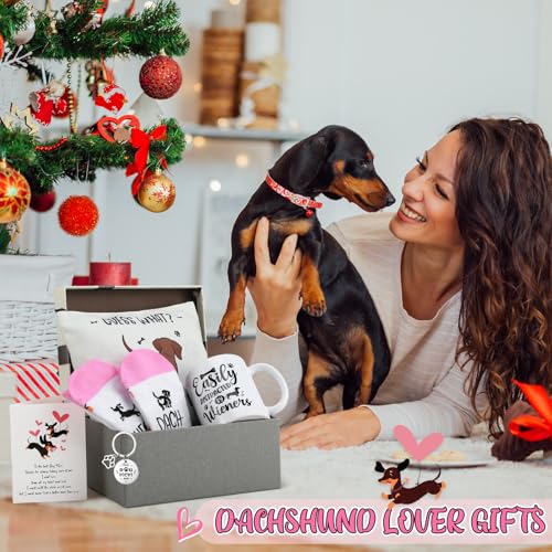 6 Pcs Dachshund Gift Set for Women Weiner Dog Makeup Bag Novelty Crew Socks 11oz Coffee Mug Dachshund Lover Basket Gift Set for Mom Daughter Christmas Birthday New Puppy Owners