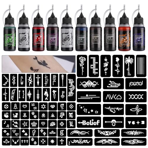 STIGMA Temporary Tattoo Kit 10 Bottles Color Inks, 84 Pcs Stencils Kit for Body Paint DIY Tattoos Temp, 8 Colors DIY Fake Tattoo for Women Kids