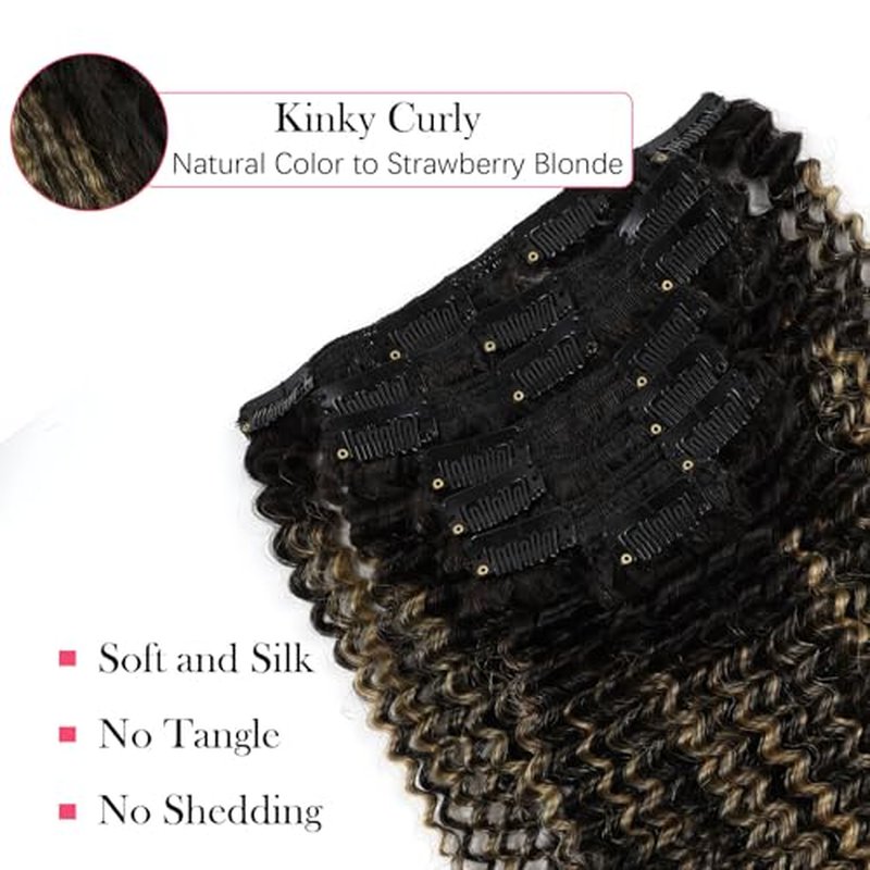 Sassina Kinky Curly Clip in Hair Extensions for African American Women Clip ins Human Hair Extensions Full Head Natural Black to Strawberry Blonde 20 Inch 120 Gram 7 Pcs #T1B/1BP27