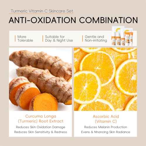 7PCS Turmeric Skin Care Set, Facial Skin Care Products Even Skin Tone, Turmeric Face Wash, Toner, Serum, Eye Cream, Face Cream, Face Mask, Smooth Glowing Travel Skincare Set for Women Girls