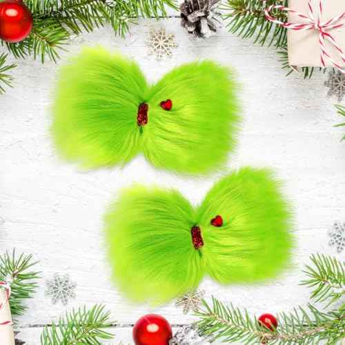 Vloso 2 Pcs Christmas Hair Bow for Girls,6 Inch Green Furry Hair Bow Clips with Red Heart,Christmas Decorations Costume Accessories Women Girls