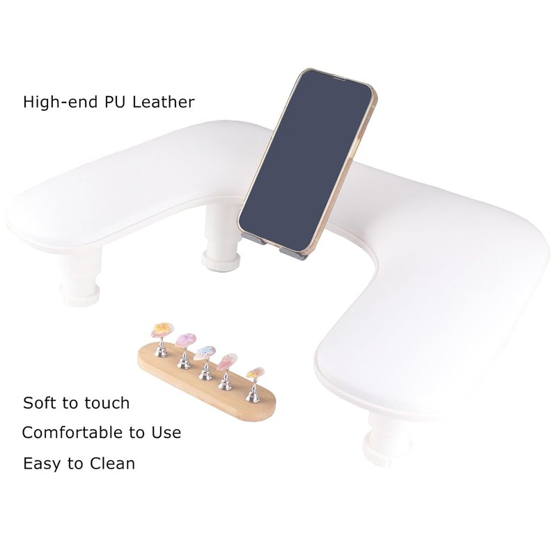 Manicure Arm Rest with Rotating Phone Holder - Adjustable U-Shaped PU Leather Nail Hand Rest (White)