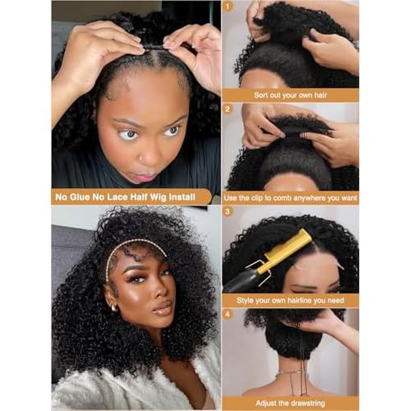 Kinky Curly Half Wig Human Hair Upgrade 4C Edge Hairline 200% Density Wear Go Glueless 3 In 1 Drawstring Seamless Flip Over Wig for Women Daily Wear Headband Wig Beginner Friendly (18 inch)