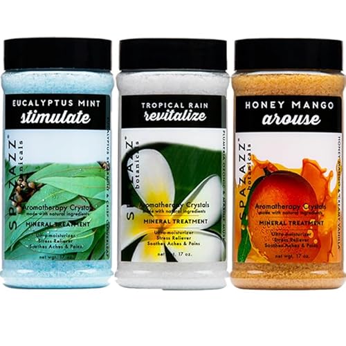 Spazazz Hot Tub Aromatherapy Bath Salt Crystals 3-Pack Bundle - Eucalyptus Mint Stimulate - Tropical Rain Revitalize - Honey Mango Arouse - Botanicals Collection Scents for Relaxing in Spas (17 oz)