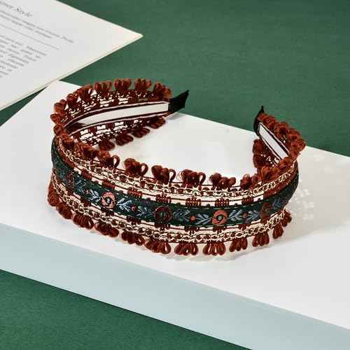 Boho Ethnic Wind Embroidery with Floral Headband Non-slip Elastic Brown Metal Hairband Wedding Vacation Headband for Woman Girls