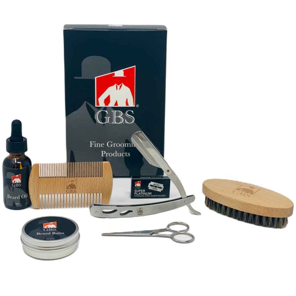 G.B.S Men’s Beard Care grooming Kit style shape Maintain Beard - Scissors Stainless Barber Shavette 2 sided comb Boar beard brush + Blades