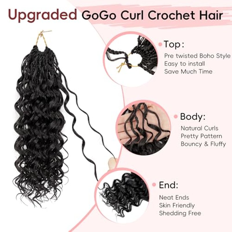 8 packs GoGo Curl Crochet Hair Pre twisted 14 Inch Curly Crochet Hair for Women Pre looped Boho Box Braids with Curly Ends Beach Curl Water Wave Synthetic Hair Extensions 1B