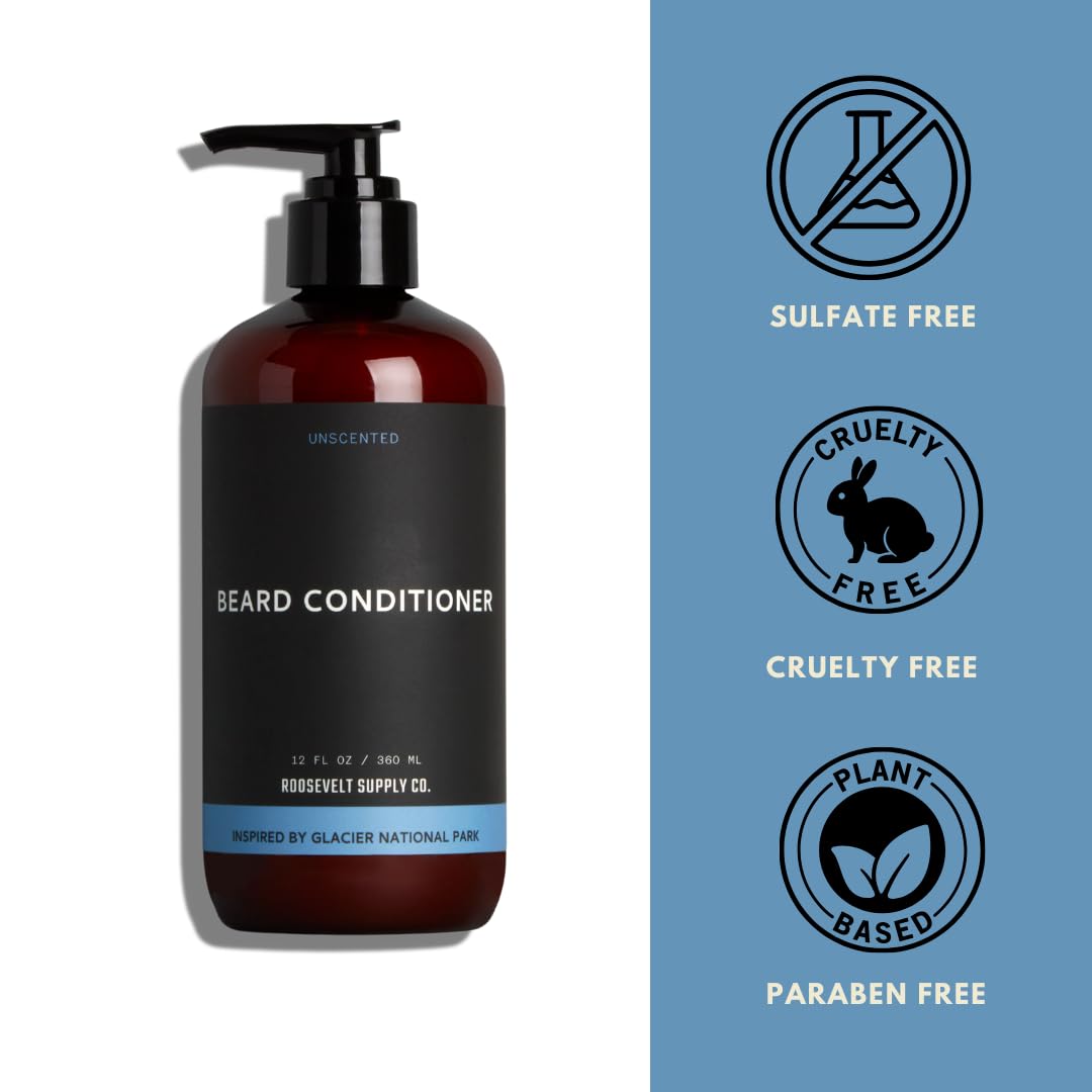 Roosevelt Supply Co. Beard Conditioner, Nourishing Formula with Argan Oil for a Softer, Healthier Beard, Anti-Dandruff, Reduce Split Ends, Panthenol & Aloe Vera - Unscented - 12 Fl Oz