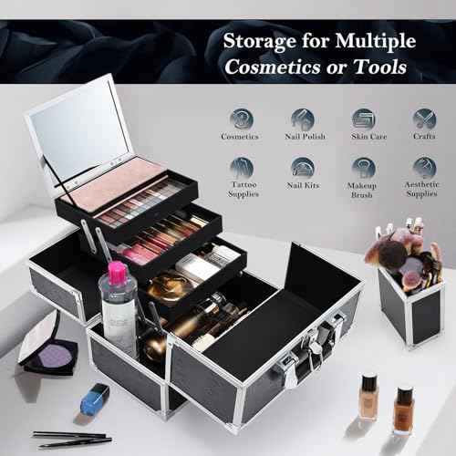FRENESSA Makeup Train Case Makeup Box 11.8 Inch Large Makeup Case Organizer 3 Trays with Mirror Locking Cosmetic Storage Box for Cosmetics Nail Supplies Sewing Travel Case Black Floral