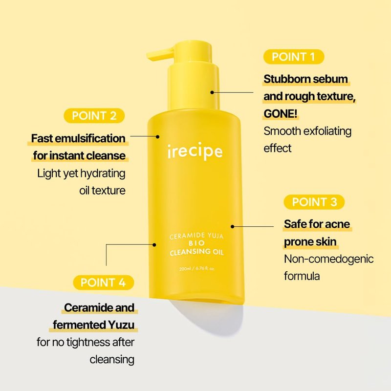 IRECIPE Ceramide Yuja Cleansing Oil (200ml) – Deep Pore Cleansing, Hydrating with Yuzu & Ceramide, Non-Comedogenic, Removes Waterproof Makeup, Ideal for Acne-Prone Skin (6.76oz)