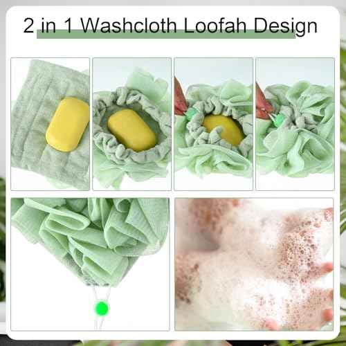 6 Pack Washcloth Loofah Combo 2 in 1 Drawstring Loofah Sponge with Bar Soap Pocket Exfoliation Mesh Shower Puff Ball for Body Wash Cleansing and Smooth Skin (Multicolor)