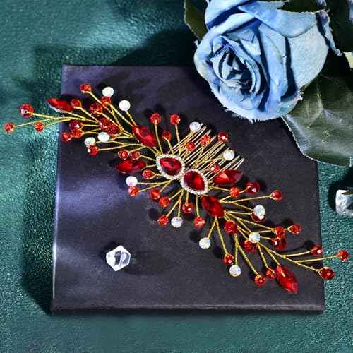 Crystal Bride Wedding Hair Comb Pearl Bridal Hair Clip Rhinestone Party Prom Hair Piece for Women and Girls (Red-847)
