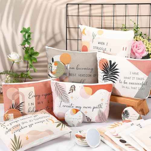 Kacctyen 24 Pcs Positive Affirmation Gift Set 12 Inspirational Canvas Makeup Bags 12 Daily Affirmations Mirrors Bulk Employee Appreciation Gifts for Women Stress Relief Self Care Gift(Bohemia)