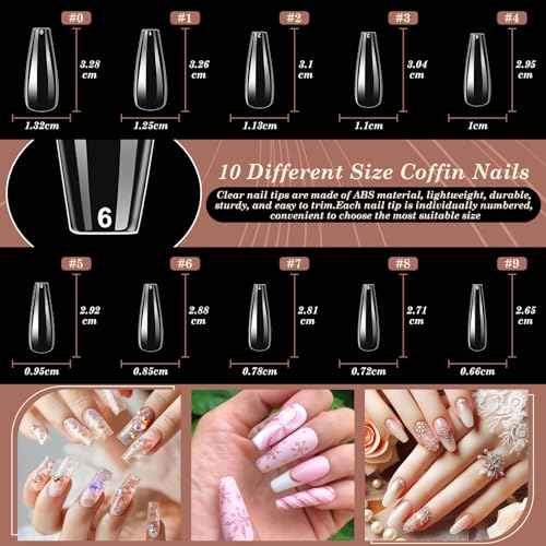 600PCS Clear Coffin Nail Tips and 240PCS Short Press On Nails Set, Clear Acrylic Nail Tips with Glue, Nail Art Brushes and Nail Display Stand, Nail Tips for Salons and Home DIY Nail Art