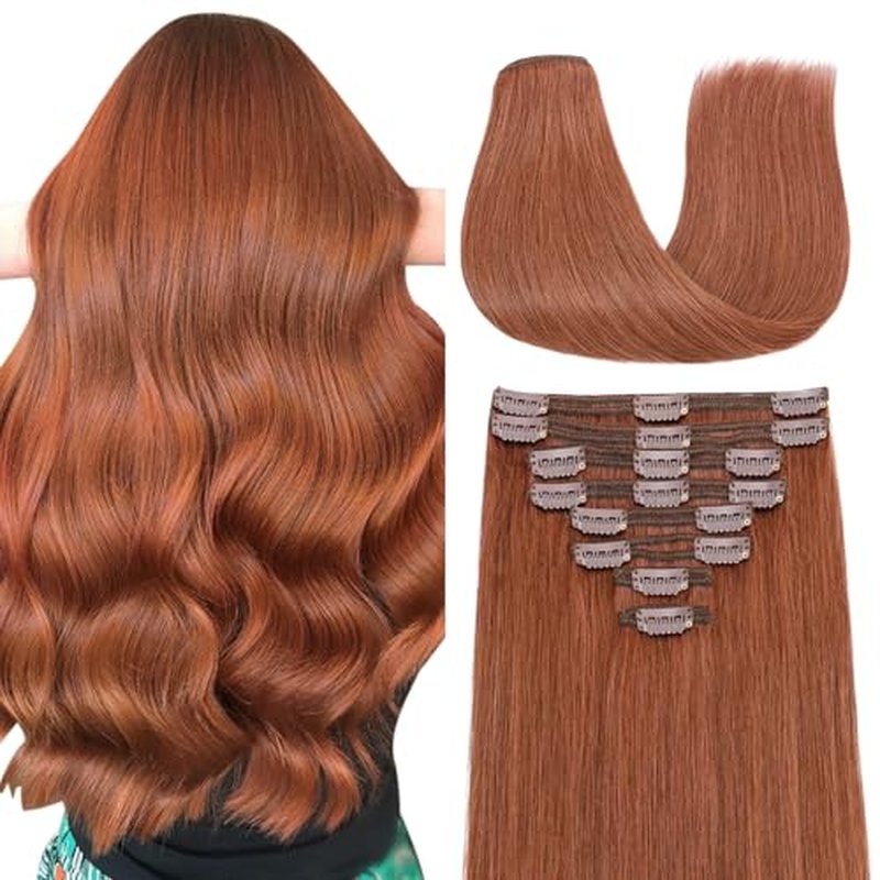 Elailite Clip in Hair Extensions Real Human Hair Double Weft Thick 8pcs Weft Auburn Copper Red 16 Inch 130g Remy Hairpieces Balayage Full Head for Women