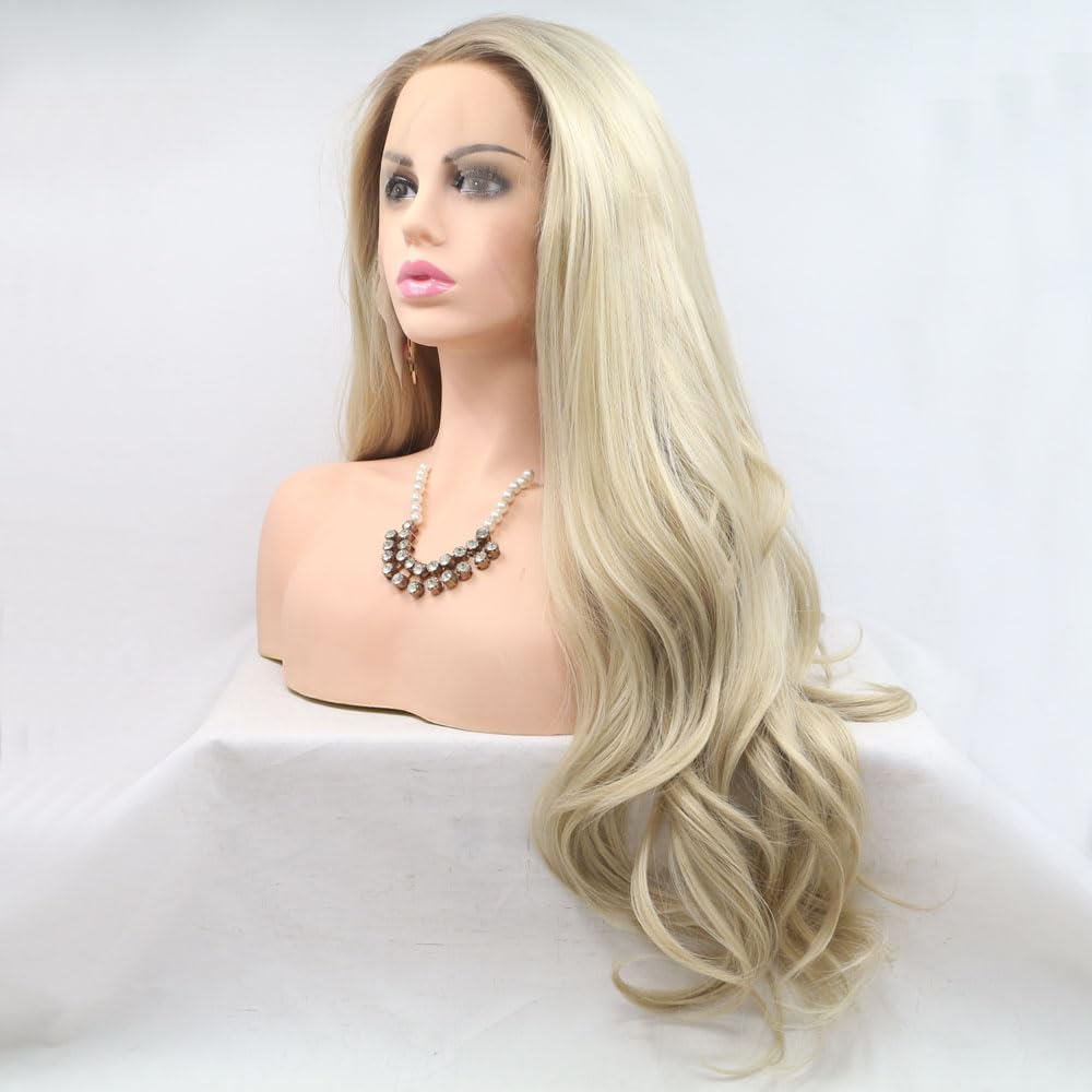 Xiweiya 13x3 Lace Long Ombre Blonde Wavy Lace Front Wig with Blonde Brown Roots Natural Wave Synthetic Lace Front Wig for Halloween Cosplay Wig Lace Heat Resistant Fiber High Density Wig for Women 24"