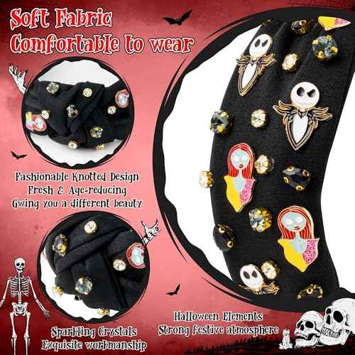 Halloween Christmas Headband for Women - Xmas Nightmare Spooky Ghost Knot Headbands Rhinestone Crystal Knotted Headband Embellished Wide Top Knot Hairbands Xmas Hair Accessories Outfits Party Gifts