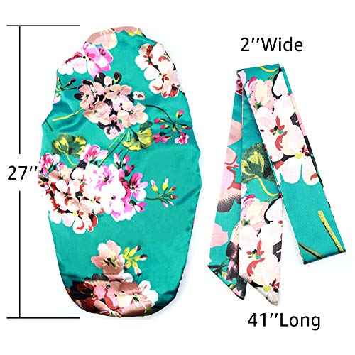 2pcs Extra Long Satin Bonnet Sleep Cap for Women, Double-Layer Silky Hair Bonnet for Braids/Dreadlocks/Curly/Long Hair with Tie Band (Green Flora & Purple Floral)