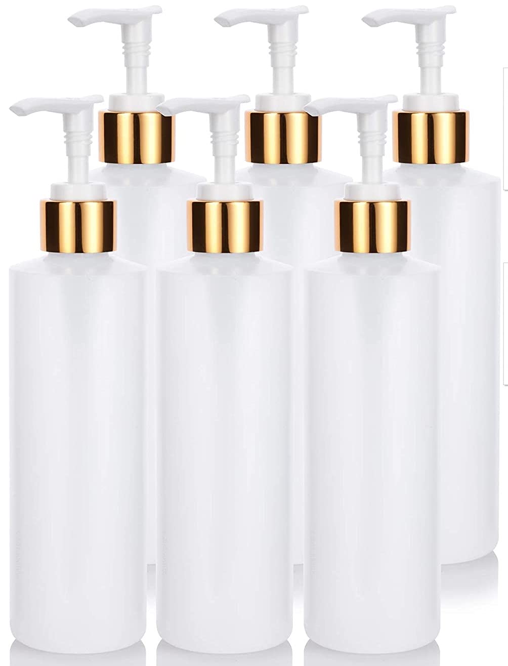 8 oz Clear Natural Refillable Plastic Squeeze Bottle with Gold Lotion Pump Dispenser (6 Pack)