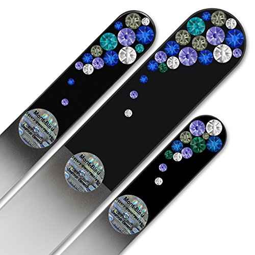 Set of 3 Glass Nail Files Hand Decorated with Crystals - in Black Velvet Sleeve - Genuine Czech Tempered Glass - Handmade Crystal Nail Files