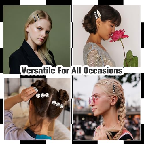 18Pcs Acrylic Checkered Hair Clip,Black and White Checkered No Bend Hair Clips for Women,Wave Geometric Duckbill Pins,Korean Styling Minimalist Hair Barrettes for Women Girls,Gifts for Women Girls