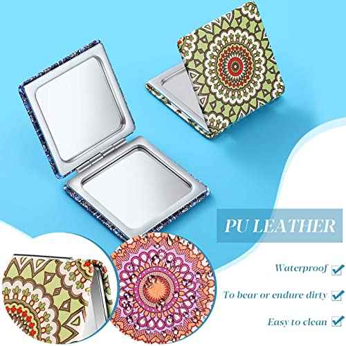 Mandala Design Pocket Mirror Mini Travel Makeup Purse Compact Accessories Beauty Magnifying Double Sides Pocket Mirror Portable Handheld Folding PU Leather Supply for Women(12 Pieces)