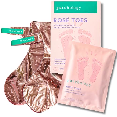 Patchology Ros? Toes Moisturizing Foot Mask ? Shea Butter & Strawberry Scented Booties for Dry, Cracked Feet, Disposable Spa Socks with Resveratrol for Soothing Foot Care, Self-Care Essentials