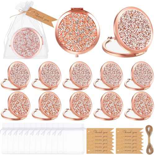 12 Sets Small Compact Mirror Round Pocket Makeup Mirror with Thank You Tags, Twine, Organza Bags Magnifying Rhinestone Cosmetic Mirror for Purse Women Girls (Classic Colors)