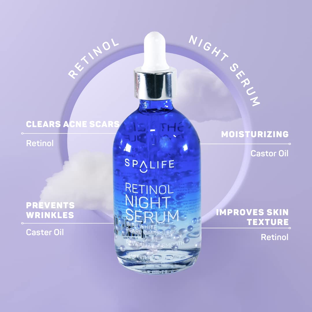 Retinol Night Serum - Spa Life Face Serum for Smoothing & Resurfacing | 100 ml (3.7 oz) - Targets Fine Lines & Dark Spots