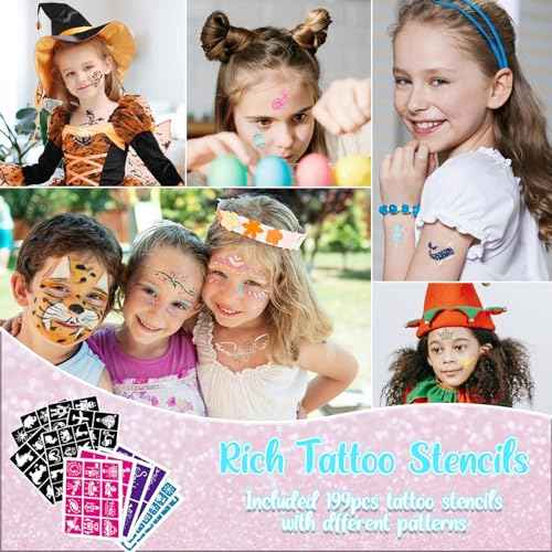TEUVO Glitter Tattoo Kit for Kids, 50 Glitter Colors, 199 Stencils, 2 Gem Stickers, 4 Glue, 5 Brushes Body Face Arts Glitter Makeup Temporary Tattoos for Girls Halloween Christmas Birthday Party Gifts