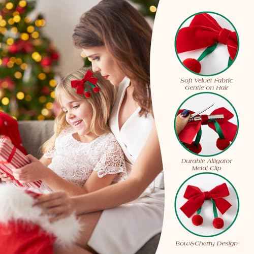 Bessrung 4 PCS Velvet Cherry Hair Bows for Girls, Bow Hair Clips, Red White Hair Ribbon with Alligator Hair Clips, Cute Girls Hair Accessories for Toddlers Kids Teens Christmas Gifts