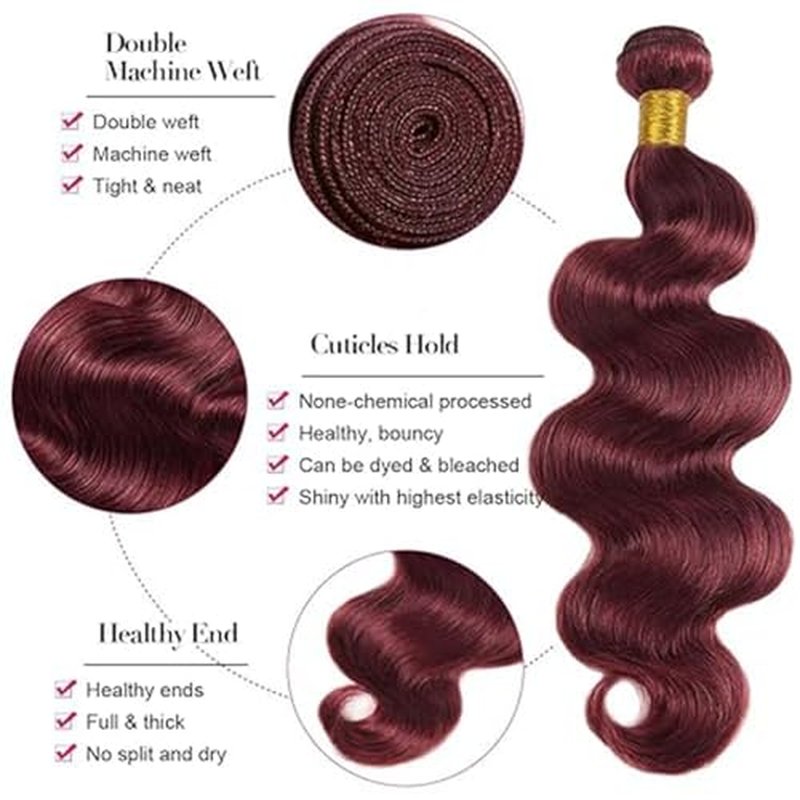 BilltiiWW 99j Burgundy Body Wave Bundles Wine Red Body Wave Bundles Brazilian Hair Extensions Weave Wet and Wavy Soft Silky for Woman 26 28 30 Inch