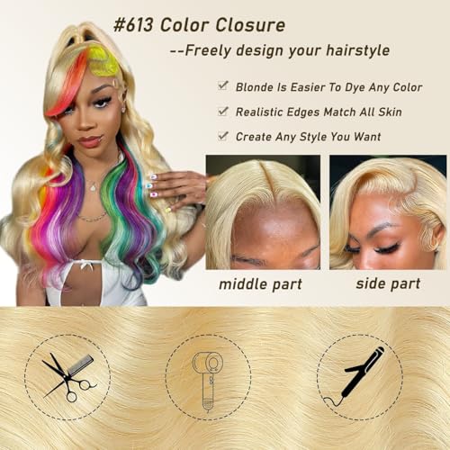613 Blonde 5x5 Closure 150% Density Body Wave Hd Lace Closure 10a Brazilian Virgin Human Hair Pre Plucked with Baby Hair Natural Hairline Bleached Knots 18 Inch