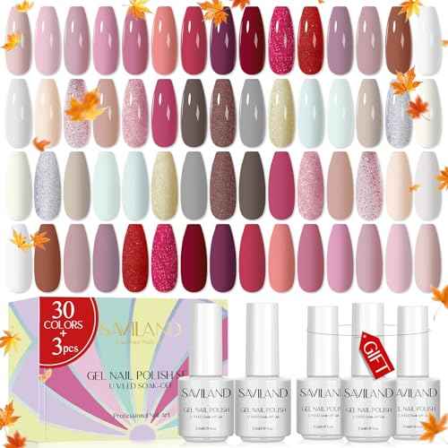 SAVILAND Gel Nail Polish Set: 33pcs Red White Pink Glitter Soak-off Nail Polish with Base & Glossy Matte Top Gel Dark Red Manicure Gifts