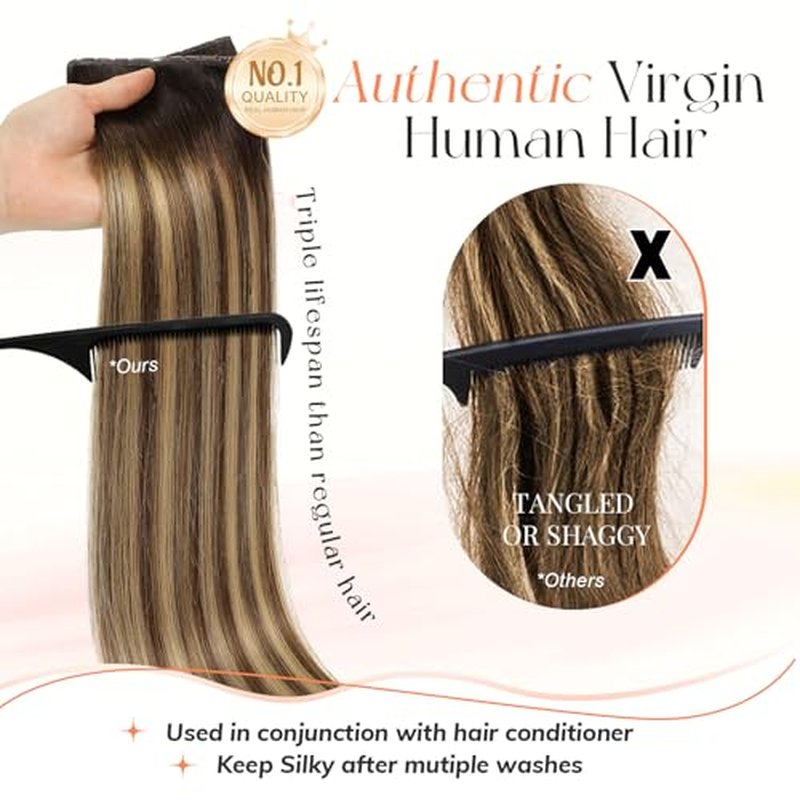 OVO Double PU Weft Hair Extensions Human Hair Ombre Brown Highlight Seamless Invisible Weave,Beaded Flat Weft Extensions, Soft & Natural Real Human Hair Extensions